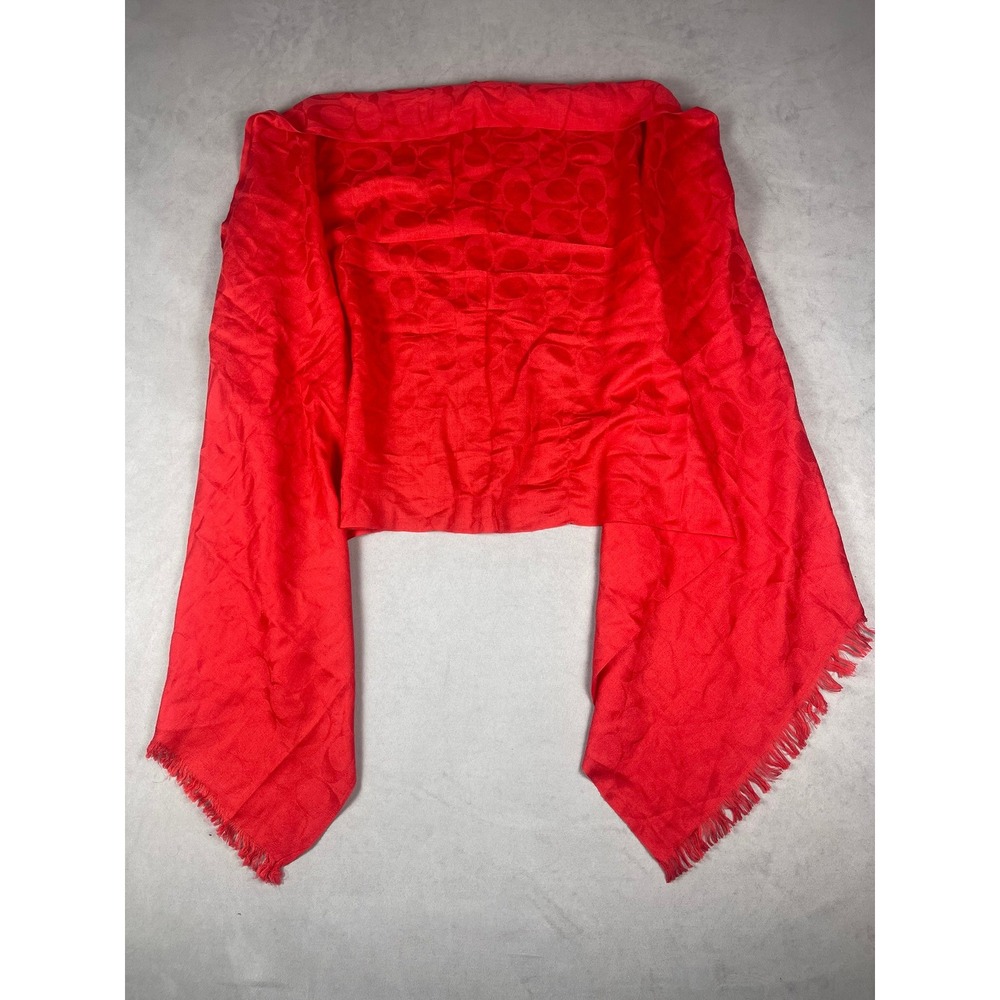 Coach Red Signature C Logo Jacquard Scarf Wrap with Eyelash Fringe 64x24